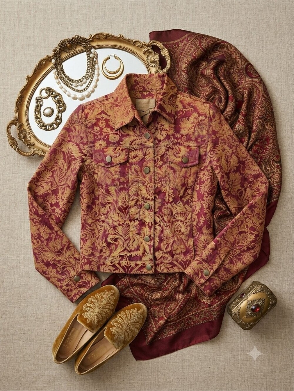 Henna Purple Gold Brocade Print Button Up Jacket